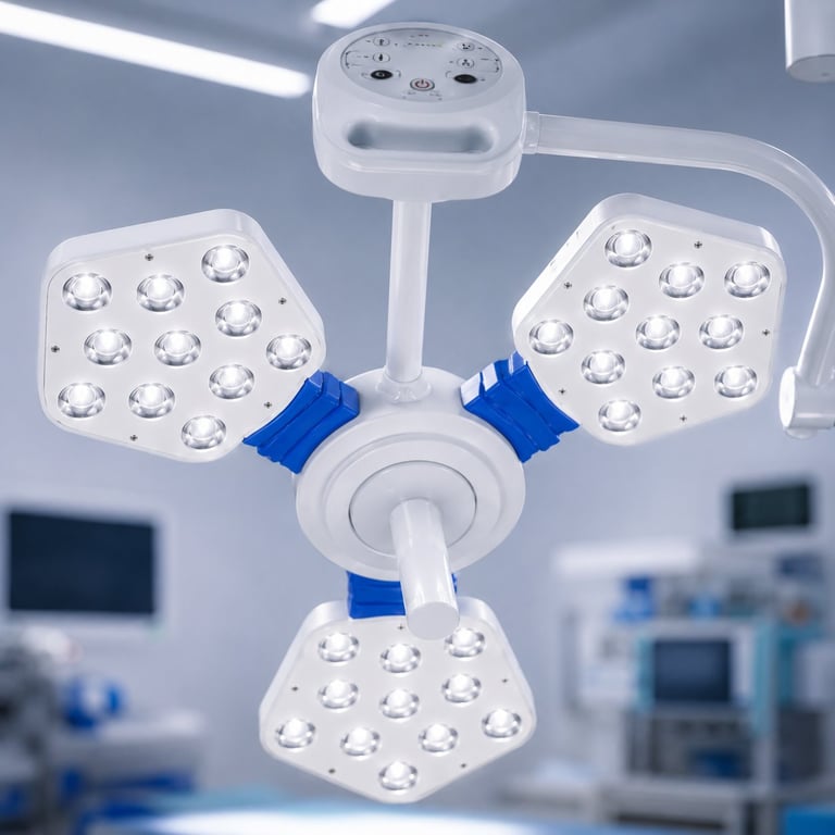 Ceiling-mounted surgical overhead light with three white LED panels and blue handles in an operating room