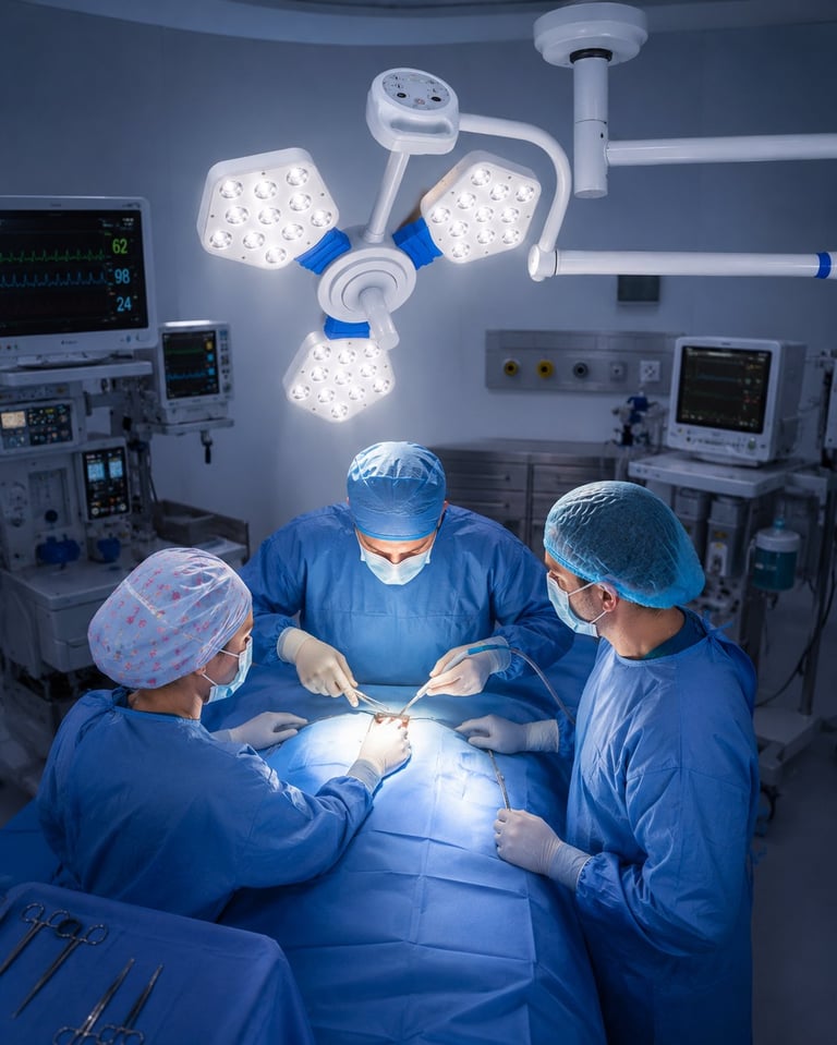 Three surgeons in surgical attire performing surgery under bright overhead lights in a modern operating room with monitoring equipment.