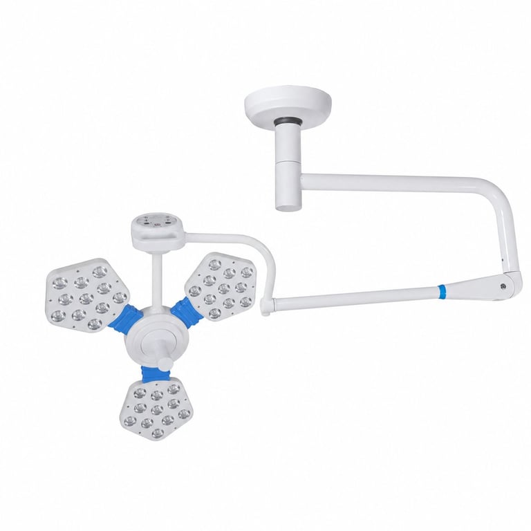 Surgical overhead lights with three LED heads mounted to ceiling brackets with blue articulating arms