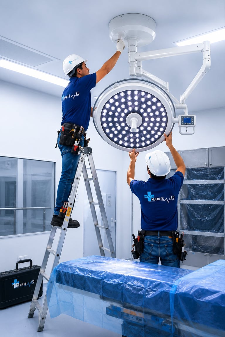 Two technicians installing an LED surgical light in a hospital operating room, one on a ladder and one standing.