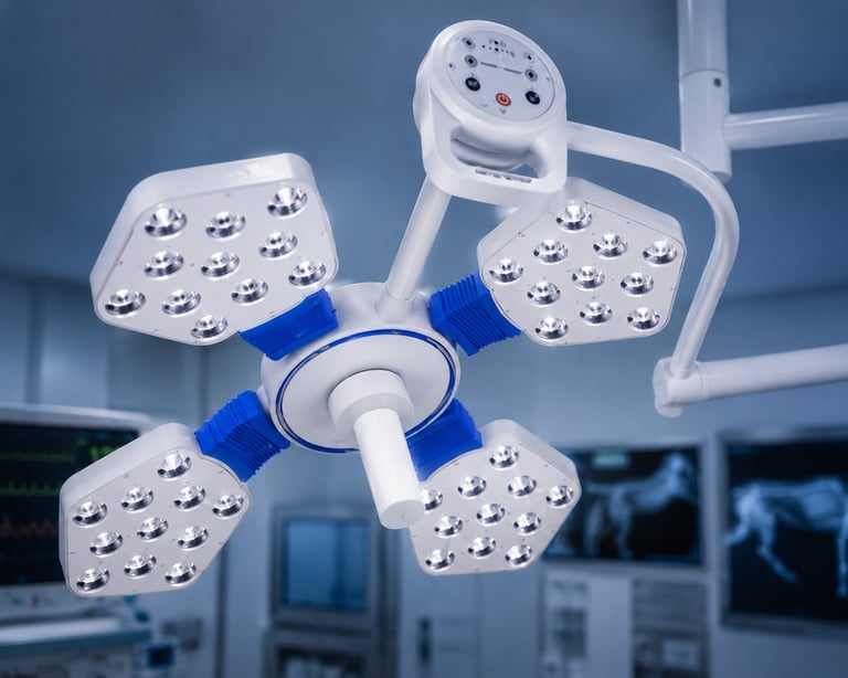 Overhead LED surgical light with four illuminated heads and blue handles in a modern operating room