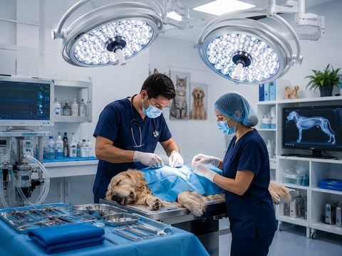 Two veterinary surgeons perform surgery on a dog in a modern surgical suite with bright overhead lights and medical equipment.