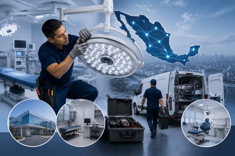 Technician installing surgical light in hospital with overlay images of medical facility, ambulance, and operating room