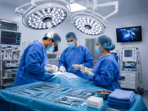 Surgical team of four doctors in blue scrubs performing surgery under overhead lights in a modern operating room