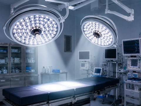 Operating room with two round LED surgical lights above a patient table, medical equipment visible in background