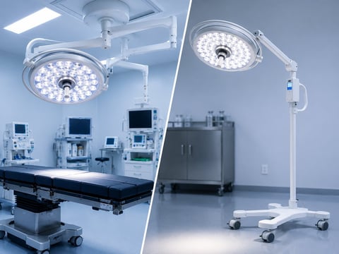 Medical operating room with ceiling-mounted surgical lights and mobile surgical light on wheels, featuring monitoring equipment and surgical table