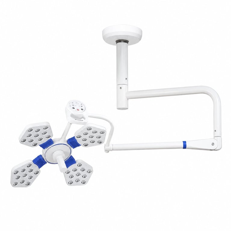 Medical overhead surgical light with LED panel arms and ceiling-mounted support pole